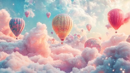 Fototapeta premium Colorful hot air balloons soar above a dreamy, pastel sky filled with fluffy clouds and sparkling particles.