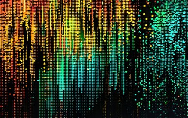 Colorful digital data stream with vertical lines, dots on dark background. Abstract technology design, modern digital art, vibrant color pattern.
