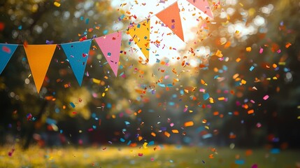 A vibrant party banner featuring streamers and confetti, ideal for an outdoor celebration