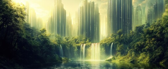 Fototapeta premium Lush jungle waterfall cascading in front of a futuristic city skyline.