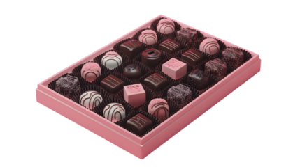 3D box of assorted chocolates in an elegant pink tray, featuring unique textures and gourmet appeal. 