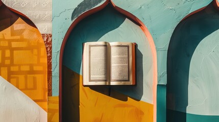 A symmetrical open Quran with its pages clearly visible, set against a soothing geometric backdrop with curved lines and shapes.