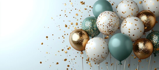 A celebration concept banner template design stock featuring green and white balloons adorned with golden ribbons on a light background for a Happy Birthday party