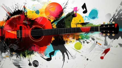 Colorful acoustic guitar amidst vibrant paint splatters and musical notes.