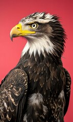 Obraz premium Majestic bird of prey with dark feathers and a striking yellow beak. AI.