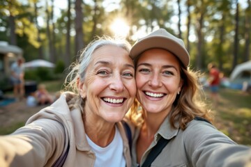 Fototapeta premium Happy senior mother and daughter taking selfie at campsite
