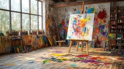 Colorful art studio interior with easel, paint splatters, and sunlight.