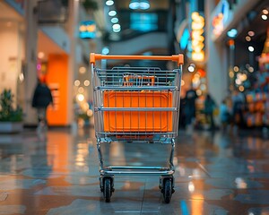 Orange shopping cart in a busy shopping center, capturing the hustle, HD realistic