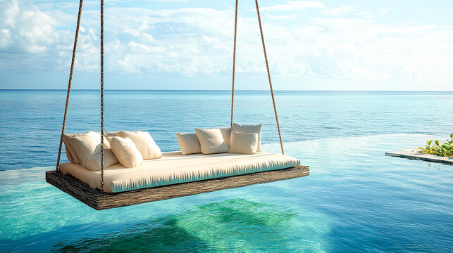 Stunning swing sofa gracefully suspended over the shimmering waters of an outdoor beachside swimming pool