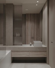 3d modern contemporary beige concrete bathroom with shelves mirror and shower