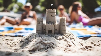 A charming sandcastle stands proudly on a beach, with blurred figures of sunbathers enjoying the summer day in the background. It's a picturesque scene of relaxation and childhood fun.
