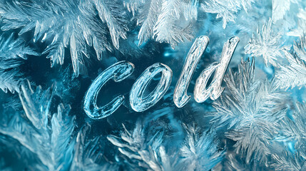 "cold" text on frozen glass with winter patterns. Frostline. Illustration