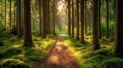 Fototapeta premium Sunlit forest path with moss, trees, and a deer.