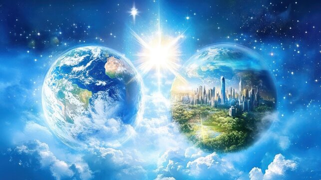 Two Earths, one natural, one futuristic city, connected by bright light in space. - Powered by Adobe