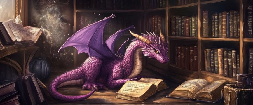 Purple dragon reading in a magical library.