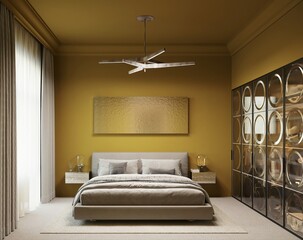 Yellow bedroom with green landscape in window. Scandinavian interior design. 3D illustration