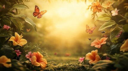 Magical sunset garden scene with butterflies and flowers.