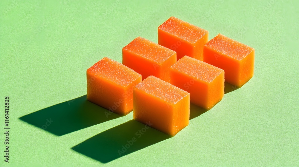 Poster six vibrant orange carrot cubes arranged in a staggered pattern against a bright green background. s