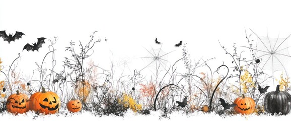 Halloween pumpkins in a spooky field with bats and spiderwebs.
