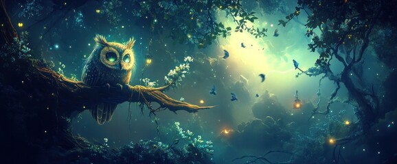 Fototapeta premium Magical owl perched on a glowing branch in an enchanted forest at night.