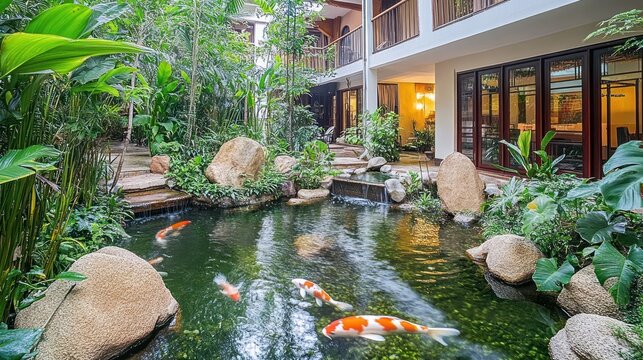 Luxurious koi pond in a tropical courtyard garden with waterfall and large rocks.