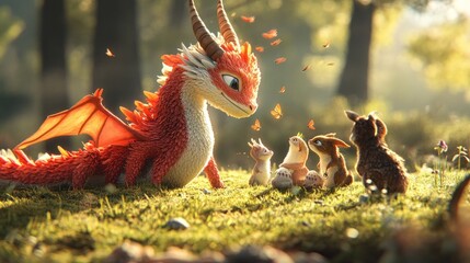 Fototapeta premium Friendly red dragon and bunnies in a sunlit forest.