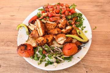 Chicken wings barbeque in a dish with BBQ grill sauce . Izgara tavuk kelebek sis kanat. Tavuk sis, gogus.