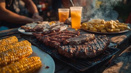 A delicious BBQ feast! Grilled steaks, corn on the cob, roasted potatoes, and refreshing drinks make this outdoor meal perfect for a summer gathering. Enjoy!