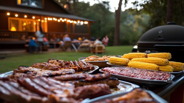Grilled meats and corn on the cob sit on a table in front of a house with string lights. Guests are visible in the background enjoying a summer evening barbecue.