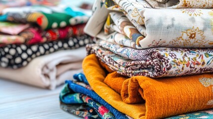 A vibrant collection of neatly stacked fabric pieces showcasing various patterns and colors for sewing enthusiasts.