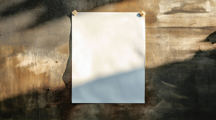Blank white poster pinned on a rustic wall, bathed in sunlight. Perfect for your message!