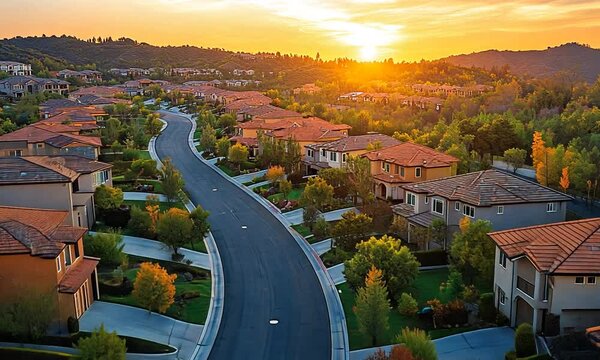 A scenic sunset over a suburban neighborhood with winding roads and lush greenery.