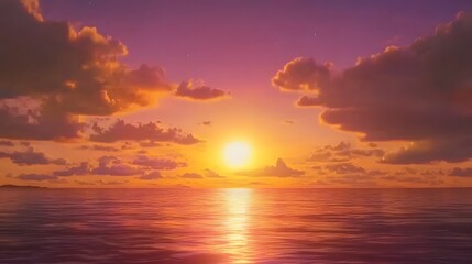 Fototapeta premium A breathtaking sunset over a calm ocean. Warm, vibrant colors paint the sky and water, creating a serene and picturesque scene. Clouds glow with the last rays of sunlight.