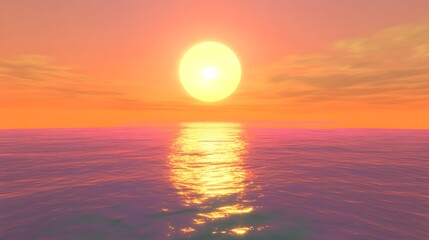 Serene sunset over calm ocean waters.  Large, vibrant sun sets below a soft, orange and pink sky. Peaceful, tranquil scene.