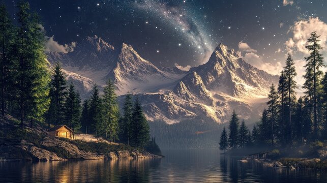 Serene mountain lake cabin under a starry night sky.