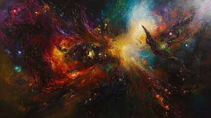 Abstract cosmic artwork depicting a vibrant nebula with contrasting colors and textures, suggesting energy and creation.