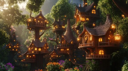 Fototapeta premium Enchanting treetop village nestled in a lush forest at sunset, illuminated by warm lights.
