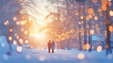 Obraz premium Couple walking hand-in-hand through a snow-covered park at sunset, illuminated by warm fairy lights.