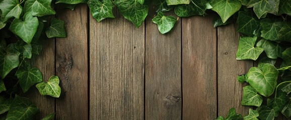 Lush green ivy leaves frame rustic weathered wood background.