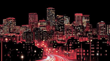 Fototapeta premium Night cityscape with red illuminated buildings and light trails on highway.