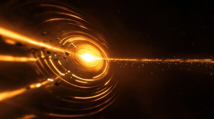 A bright, swirling vortex of light and debris against a dark, starry backdrop creates a sense of cosmic energy and movement