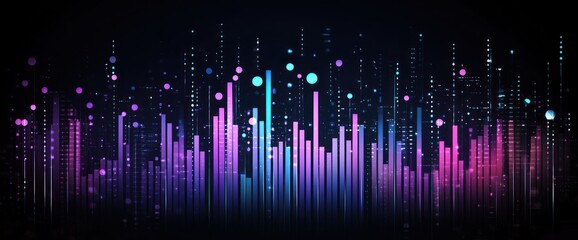 Abstract glowing purple and blue digital equalizer lines on dark background.