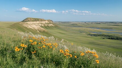 Fototapeta premium Prairie landscape with yellow wildflowers in foreground and butte in background under a blue sky.