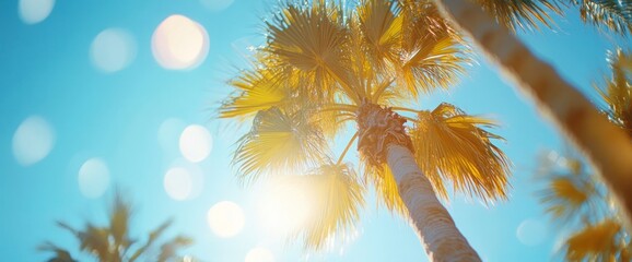 Low angle view of palm trees against a bright blue sky.
