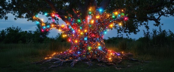 Large tree adorned with colorful lights at night.