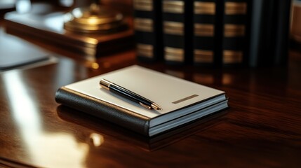 Closed leather notebook with a fountain pen on a wooden desk.