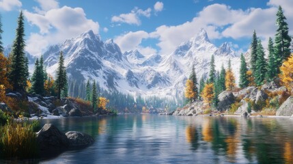 Fototapeta premium Serene autumn lake reflecting snow-capped mountains under a vibrant sky.