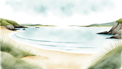 Serene coastal landscape with gentle waves and lush greenery