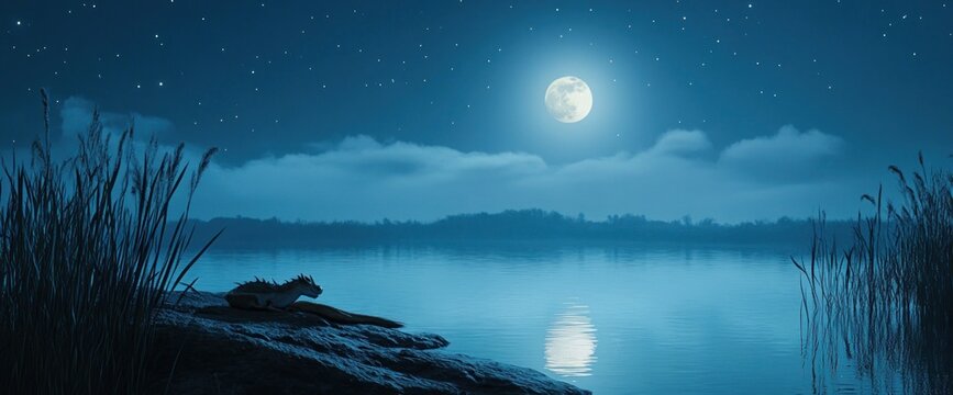 Serene moonlit lake scene with a lizard-like creature resting on a rock at night.