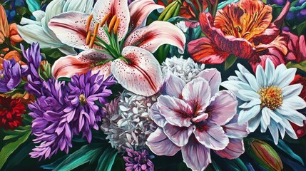 Vibrant close-up of a lush bouquet featuring lilies, peonies, daisies, and other flowers in rich colors.